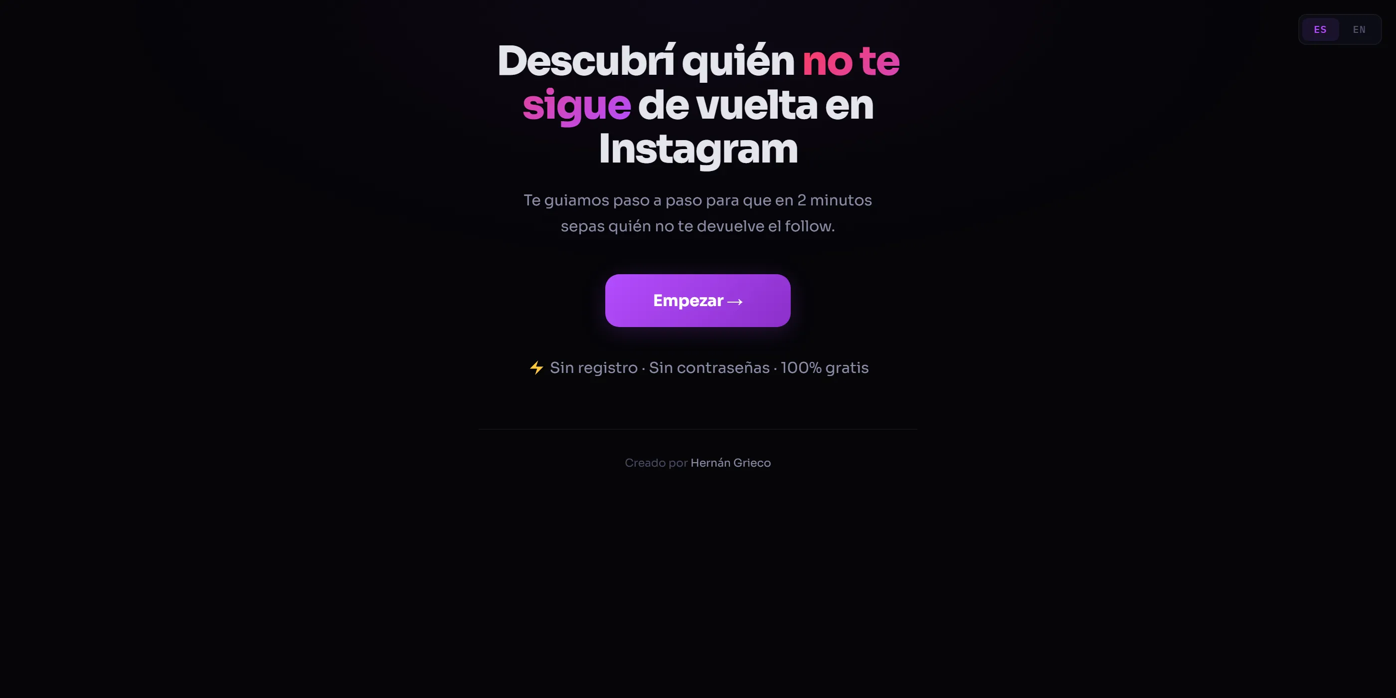 La landing page de Unfollowed, con su llamado a la acción y su promesa de no pedir registro ni contraseña