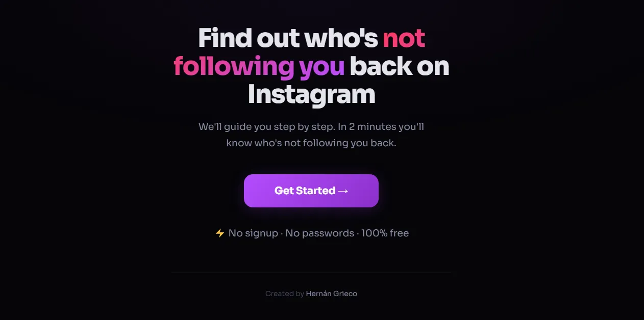 Unfollowed's landing page, with its call to action and its no-signup, no-password promise
